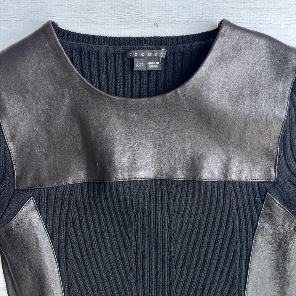 Theory Black Lambskin Leather Trim Long Sleeve Stretch Sweater Dress Size P/TP - Picture 10 of 11